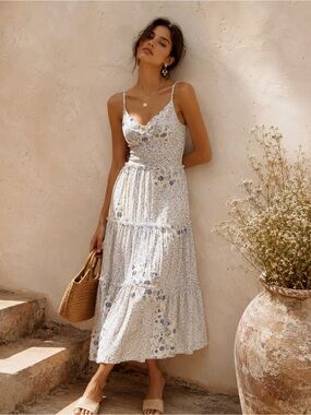 KIRIOUS Blue Floral Tiered Midi Dress Cottagecore Summer Size L 🌸